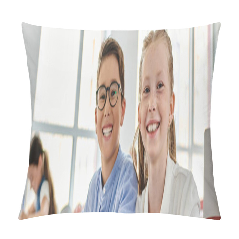 Personality  Two Children, A Boy And A Girl, Sitting Side By Side, Engrossed In A Conversation Or Activity In A Vibrant Classroom Environment. Pillow Covers