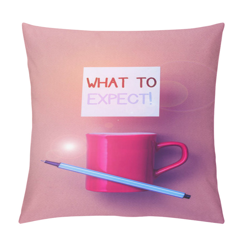 Personality  Writing Note Showing What To Expect. Business Photo Showcasing Asking About Regard Something As Likely To Happen Occur Front View Coffee Cup Colored Sticky Note Pen Yolk Color Background. Pillow Covers