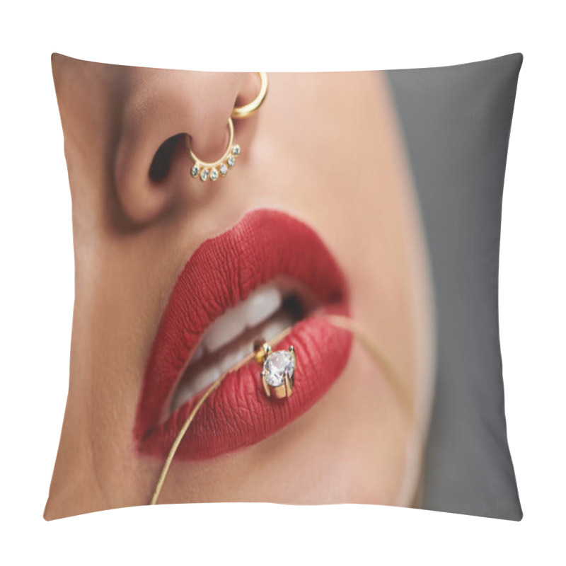 Personality  Beautiful Young Woman Elegantly Displaying Jewelry With A Vibrant Background. Pillow Covers