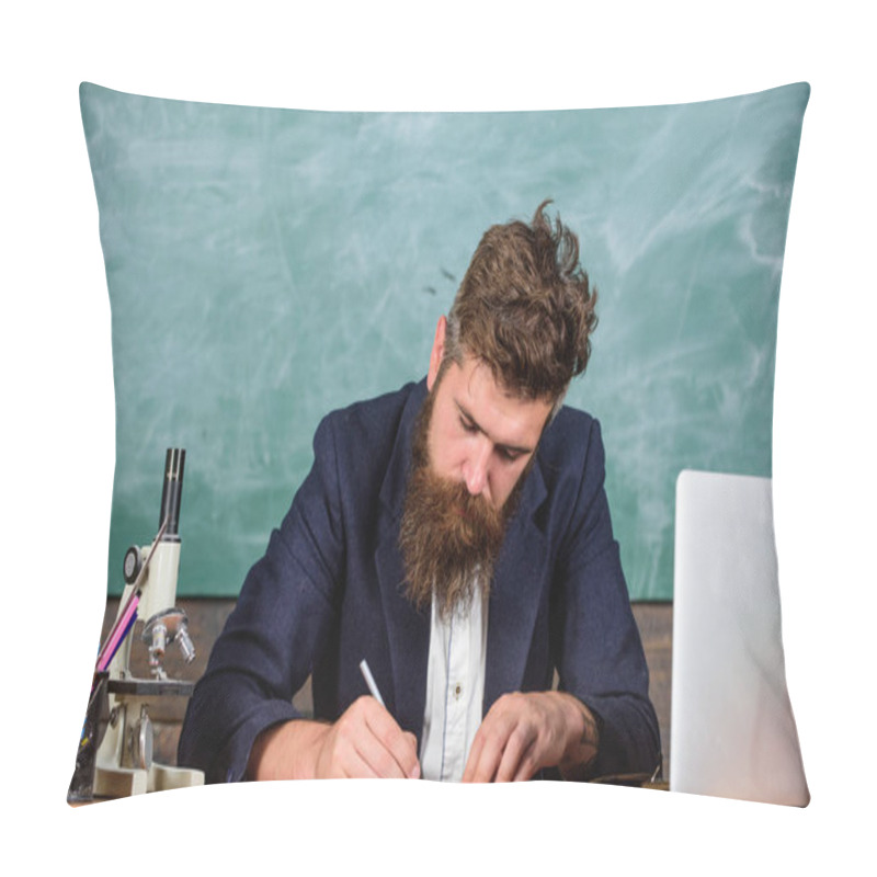 Personality  Writing Report. Teacher Bearded Man Writing With Pen Busy With Paperwork. Teacher Formal Jacket Sit Table Classroom Chalkboard Background. Teachers Daily Routine Paperwork And Writing Reports Pillow Covers