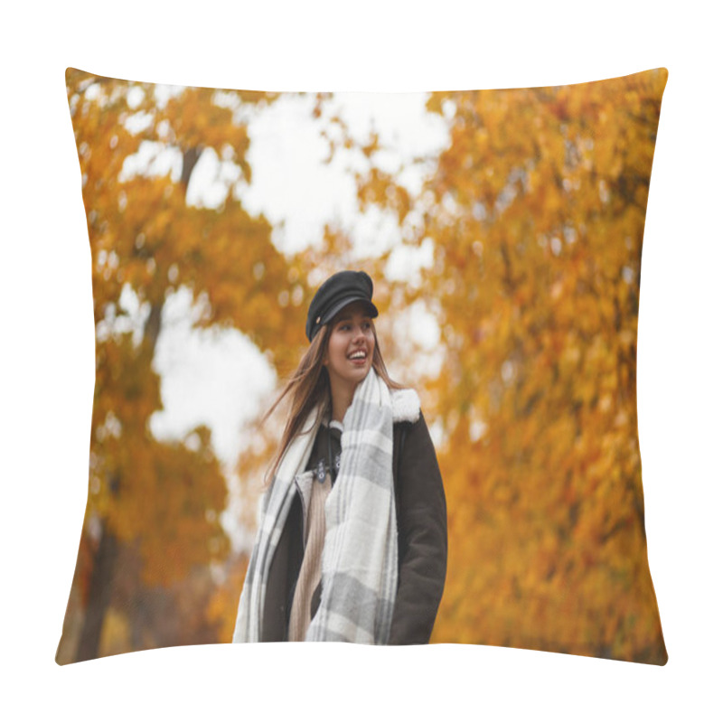 Personality  Elegant Happy Young Woman In A Chic Hat In A Stylish Brown Jacket With A Scarf With A Cute Smile Posing On The Background Of Trees With Gold Leaves In The Park On A Autumn Day. Funny Girl Outdoors. Pillow Covers