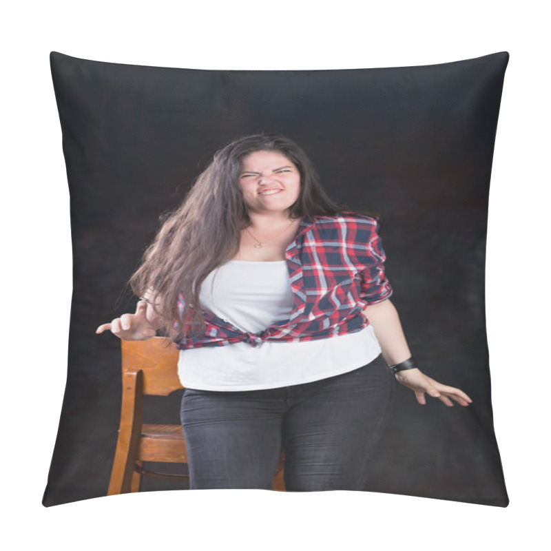 Personality  Beautiful Plus Size Model With A Dark Long Hair In A Casual Outfit Pillow Covers