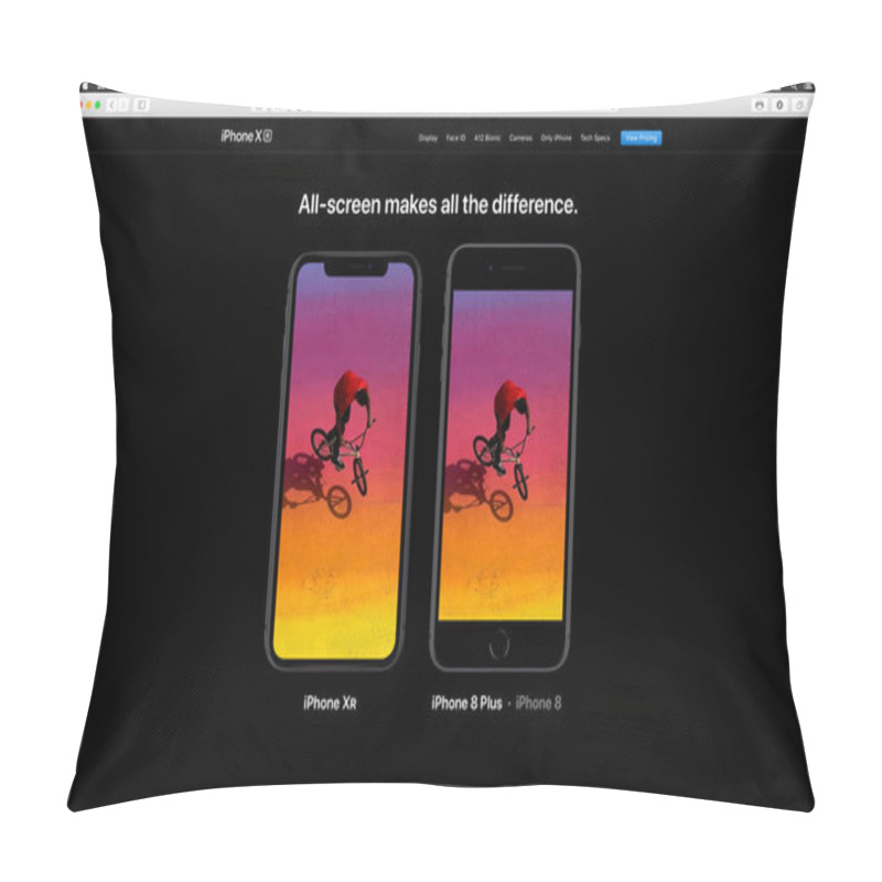 Personality  London, United Kingdom - September 12, 2018: Latest IPhone X R Compare Screen Size Smartphone Computer, Seen On Computer MacBook Display After Cupertino Keynote Product Launch Pillow Covers