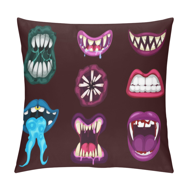 Personality  Terrible Monster Mouths. Scary Lips Teeth And Tongue Monsters. Monstrous Mouths, Emotions, Facial Expressions For Halloween Pillow Covers