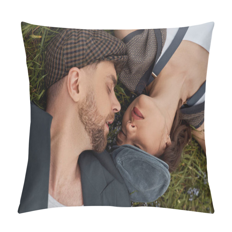 Personality  Top View Of Stylish Bearded Man In Jacket And Newsboy Cap Lying With Closed Eyes Near Girlfriend In Vintage Outfit Girlfriend In Suspenders On Grassy Meadow, Fashion-forward In Countryside Pillow Covers