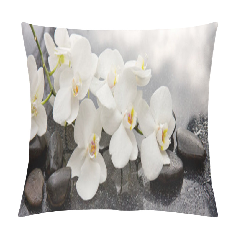 Personality  Spa Stones And White Orchid On Gray Background. Pillow Covers