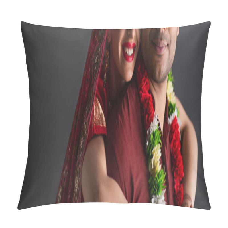 Personality  Cropped View Of Cheerful Indian Bride Hugging Bridegroom Isolated On Grey, Banner Pillow Covers