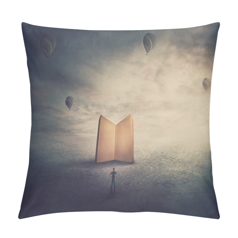 Personality  Surreal Scene, Imaginary World, Tiny Man Stands In Front Of A Gi Pillow Covers