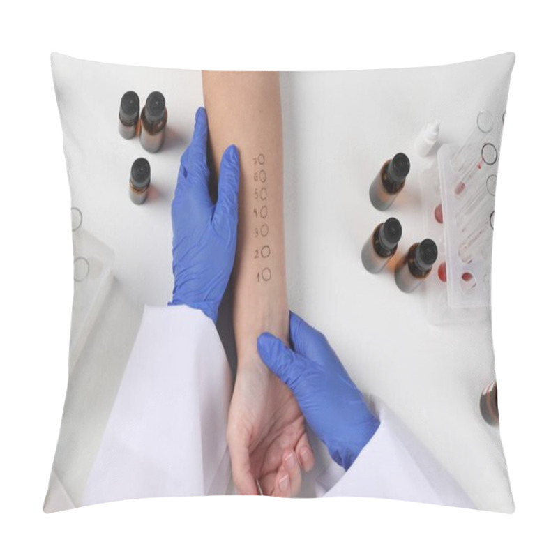 Personality  Doctor Doing Skin Allergy Test At Light Table, Top View Pillow Covers