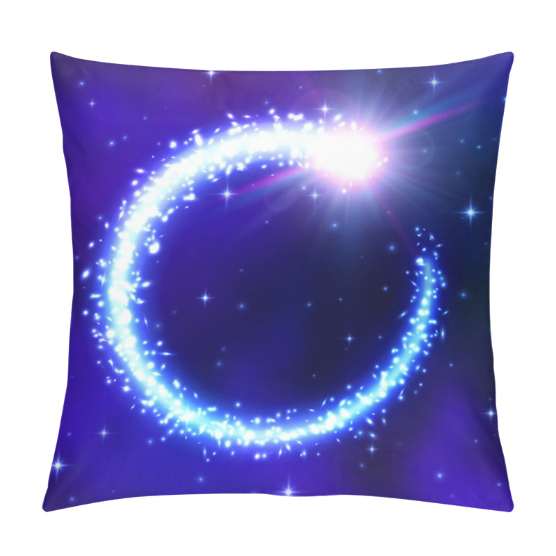 Personality  Glowing Comet Frame On Blue Space Background With Night Cloudy Sky. Flash Of Light, Galactic Nebula, Flickering Stars Particles. Comet Tail With Glitter Star Flare Sparkle. Cosmic Vector Illustration. Pillow Covers