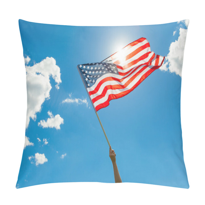 Personality  USA Flag In Hand With Beautiful White Clouds And Blue Sky On Background Pillow Covers