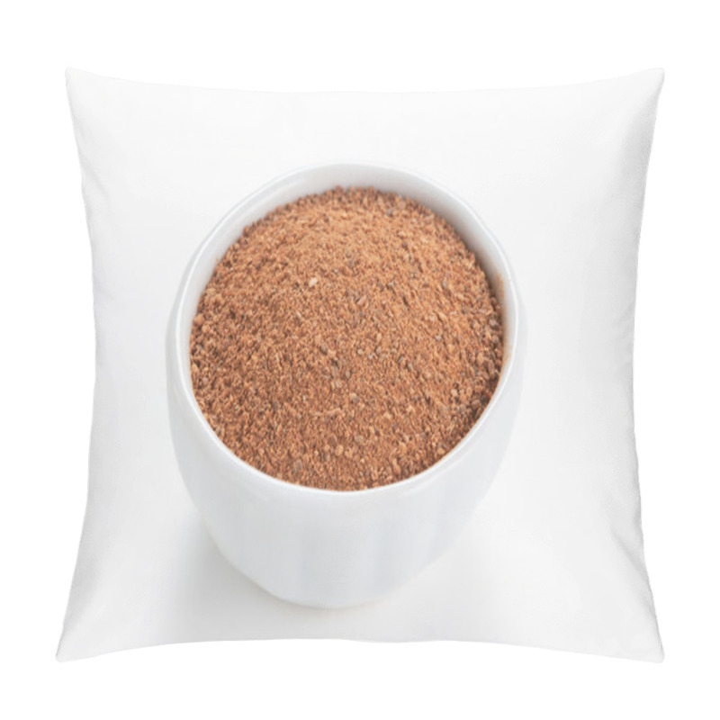 Personality  Cinnamon Ground In A White Bowl On White Background. Pillow Covers