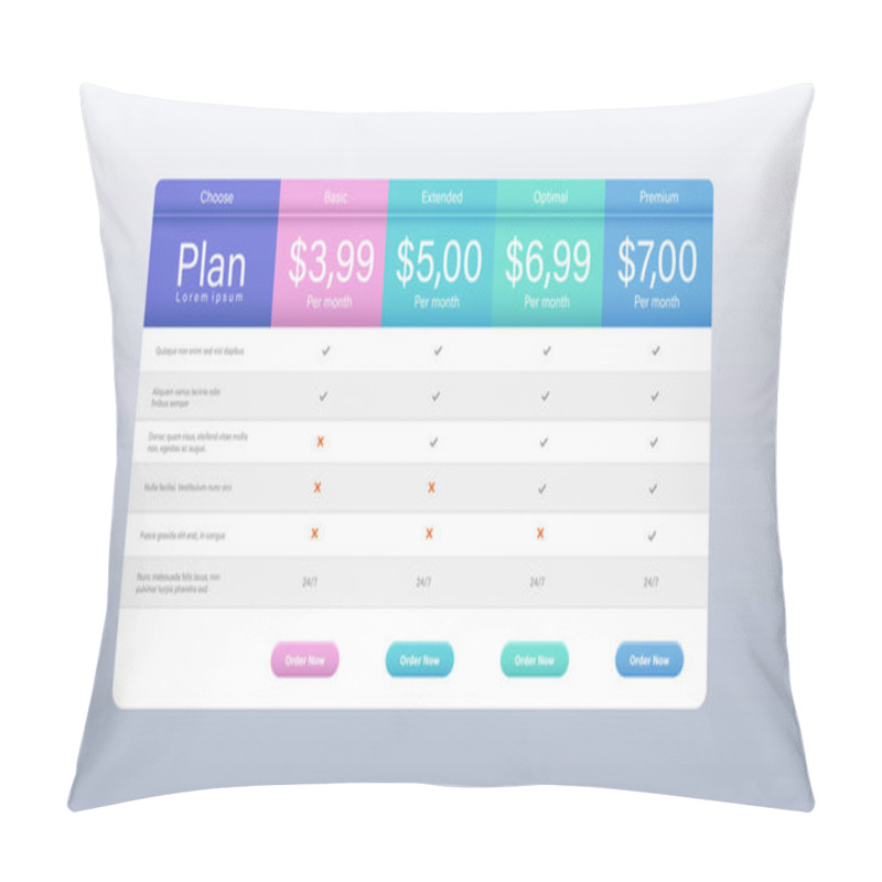 Personality  Flat Pricing Table For Website. Vector Template Pillow Covers