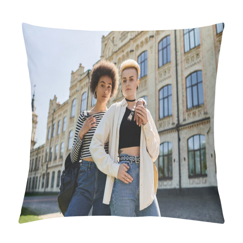 Personality  Two Multicultural Young Women In Stylish Outfits Strike A Pose In Front Of An Old Building On A University Campus. Pillow Covers