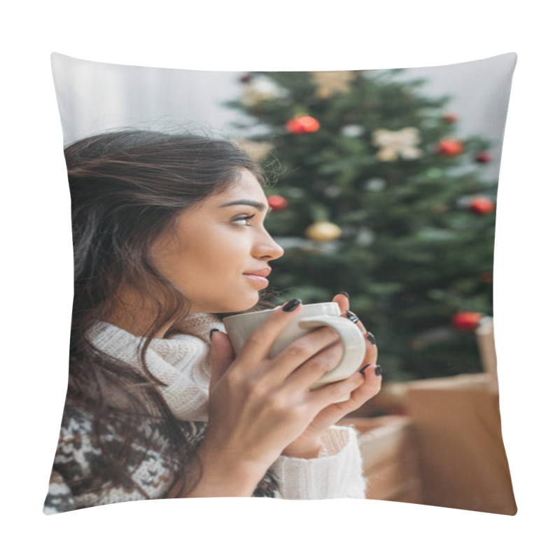 Personality  Woman With Cup Of Hot Drink On Christmas Pillow Covers