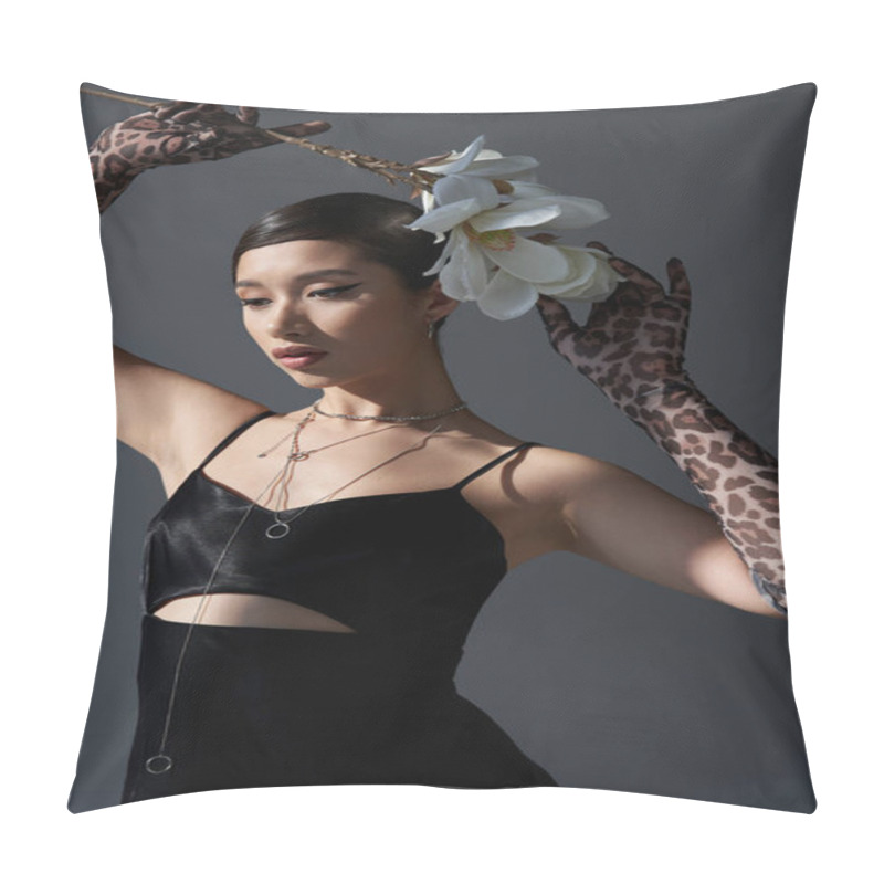 Personality  Youthful Asian Woman In Black Elegant Strap Dress, Silver Necklaces And Animal Print Gloves Holding White Blooming Orchid Above Head On Dark Grey Background, Trendy Spring Concept, Fashion Shoot Pillow Covers