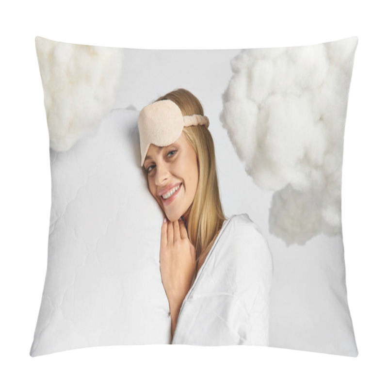 Personality  A Dreamy Blonde Woman In Cozy Pyjamas Holds A Pillow, Surrounded By Fluffy Clouds. Pillow Covers