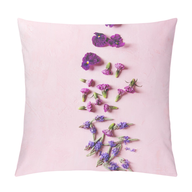 Personality  Variety Of Purple Edible Flowers For Dish Decorating Over Pink Pastel Background. Top View, Space. Square Image Pillow Covers