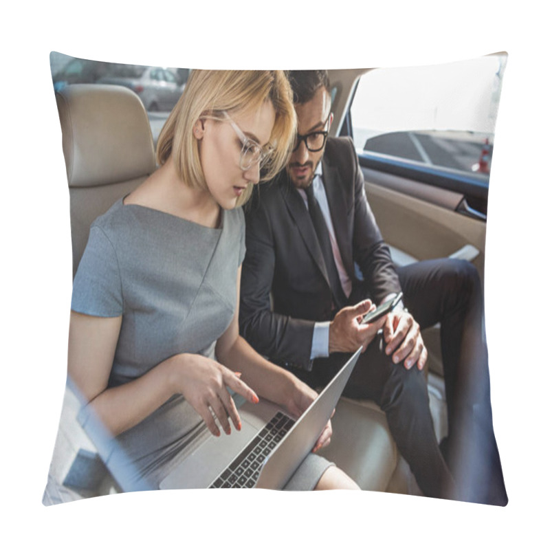 Personality  Businessman Assistant Working In Car With Laptop Pillow Covers