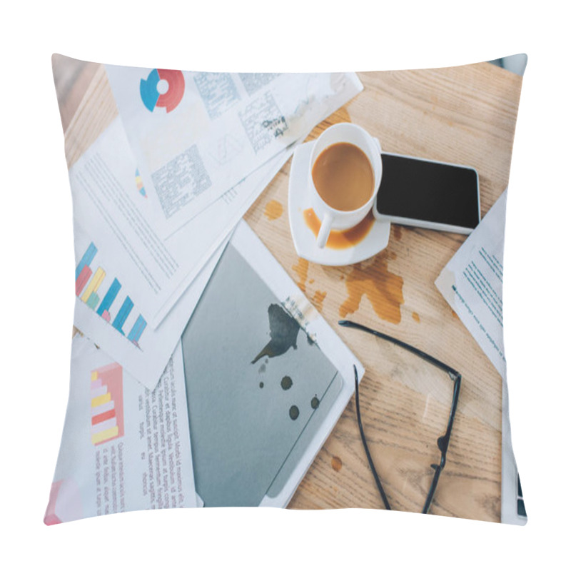 Personality  Top View Of Pouring Out Coffee Near Messy Papers, Eyeglasses And Smartphone On Table  Pillow Covers