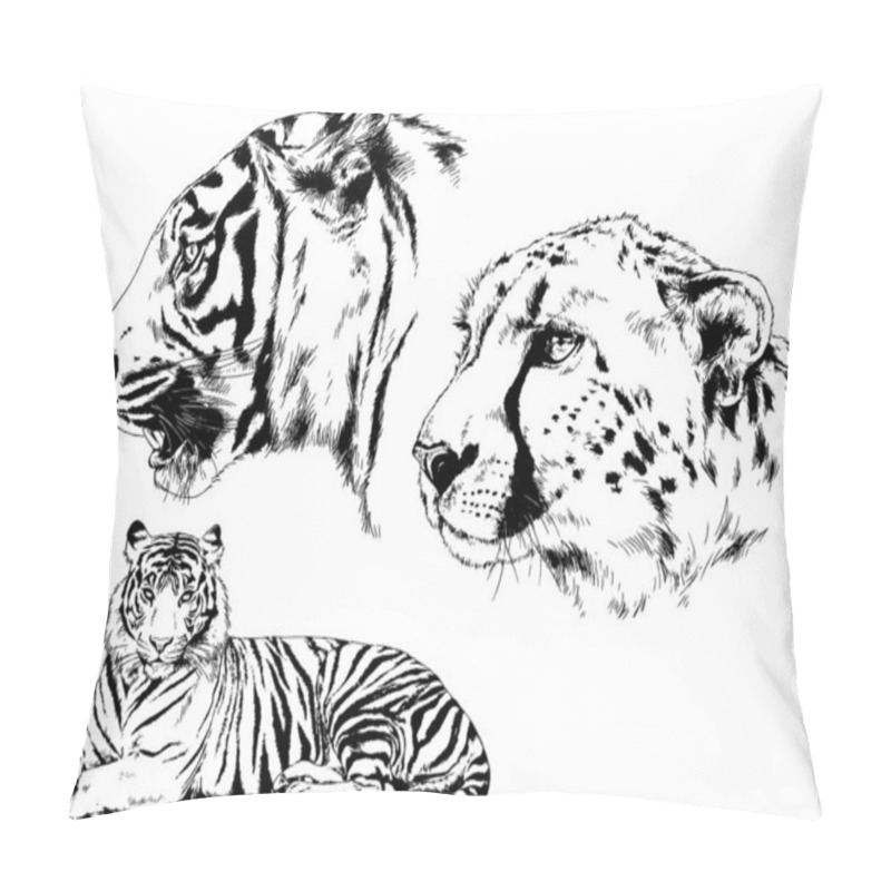 Personality  Set Of Vector Drawings On The Theme Of Predators Tigers Are Drawn By Hand With Ink Tattoo Logos Pillow Covers