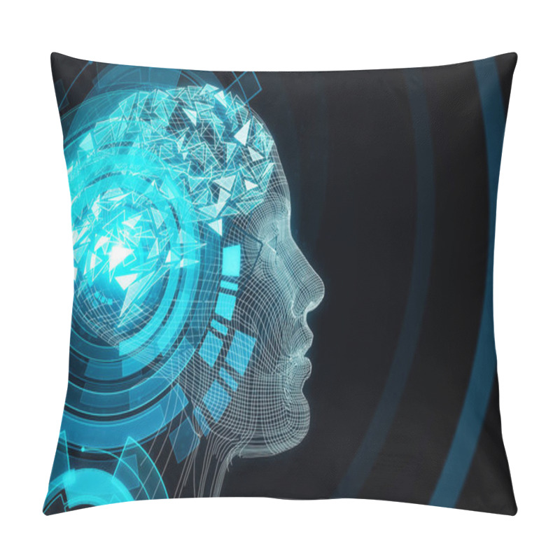 Personality  Abstract Blue Digital Human Profile On Dark Background. Robotics Concept.  Pillow Covers