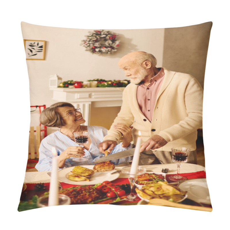 Personality  A Senior Couple Enjoys Laughter And Wine During Their Cozy Christmas Dinner At Home. Pillow Covers