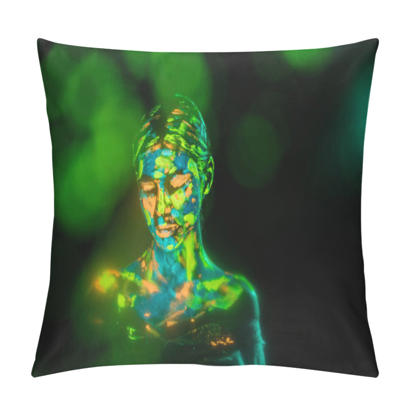 Personality  Portrait Of Woman Painted With Bright Neon Paints On Black Backdrop With Bokeh Lights Pillow Covers