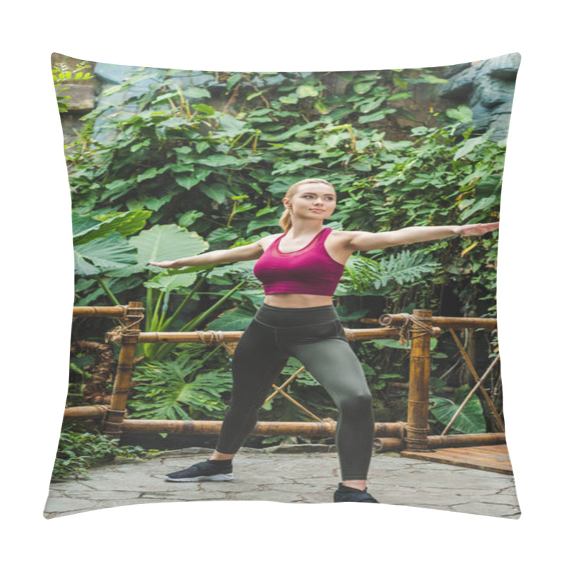 Personality  Fit Young Woman Warming Up Before Training In Park Pillow Covers