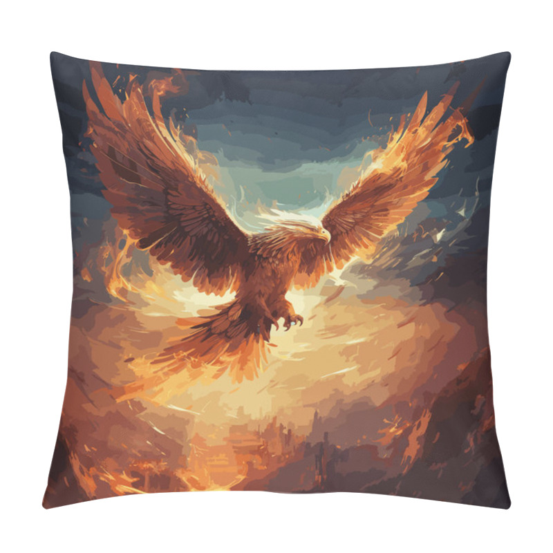 Personality  The Phoenix Flies, Blazing With The Fire Of A Bird. Mythical Creatures. Rebirth Of The Epic Fire Phoenix. Vector Illustration Pillow Covers