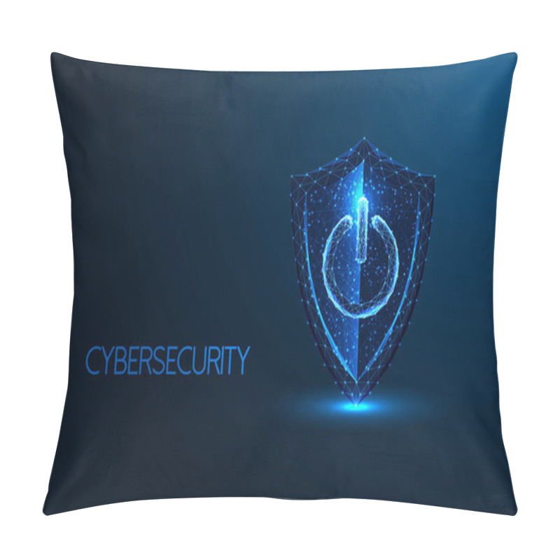 Personality  Cybersecurity, Web Safety, Digital Defense Futuristic Concept With Protection Shield And Power Button In Glowing Low Polygonal Style On Dark Blue Background. Modern Abstract Design Vector Illustration Pillow Covers