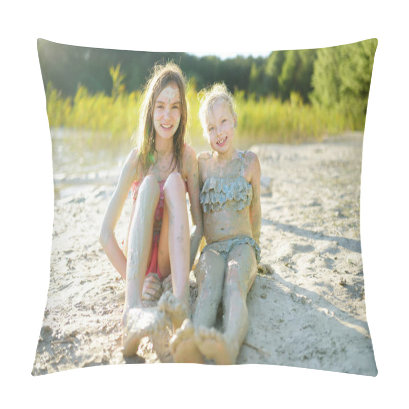 Personality  Two Young Sisters Taking Healing Mud Baths On Lake Gela Near Vilnius, Lithuania. Children Having Fun With Mud. Kids Playing With Medicinal Clay. Pillow Covers