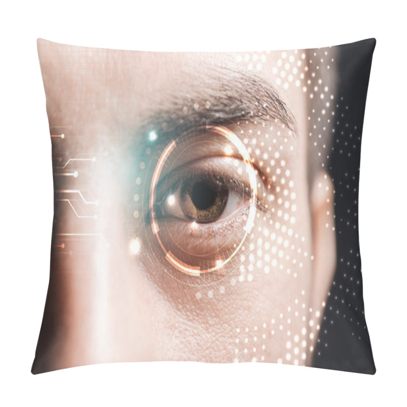 Personality  Close Up View Of Man Eye With Data Illustration, Robotic Concept Pillow Covers