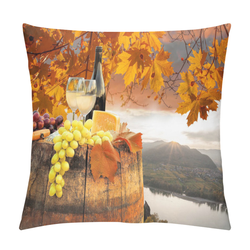 Personality  Autumn Sunset Over Wachau Valley With Bottle Of Wine On Barrel Against Spitz Village Close To Danube River In Austria Pillow Covers