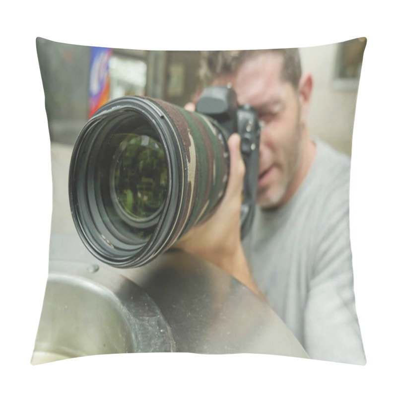 Personality  Urban Background Lifestyle Funny Portrait Of Young Paparazzi Photographer Man In Action Hidden Behind City Paper Basket Stalking For Shooting Exclusive Photo Story On Celebrity  Pillow Covers