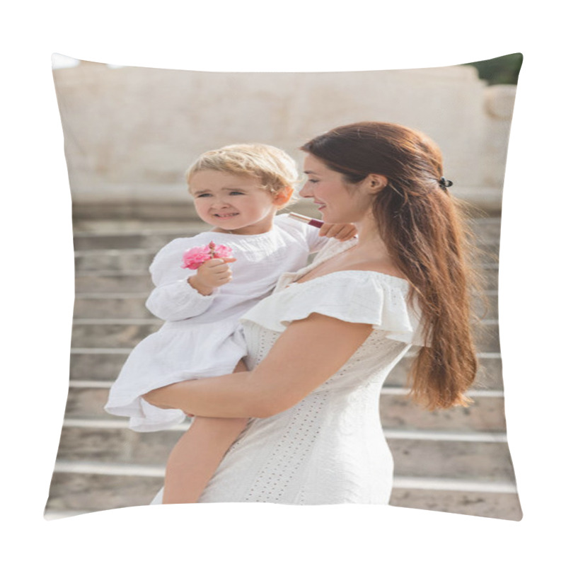 Personality  Mother Looking At Baby Daughter Holding Flowers And Lip Gloss In Valencia Pillow Covers