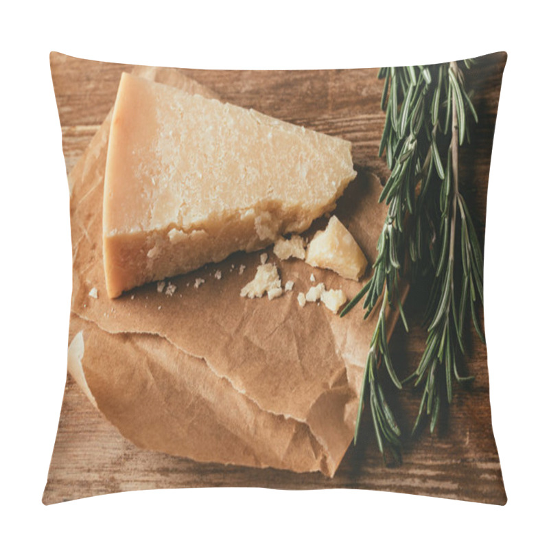 Personality  Top View Of Parmesan Cheese And Fresh Rosemary On Wooden Tabletop Pillow Covers