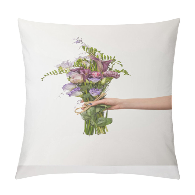 Personality  Cropped View Of Woman Holding Bouquet Of Violet And Purple Flowers On White Pillow Covers