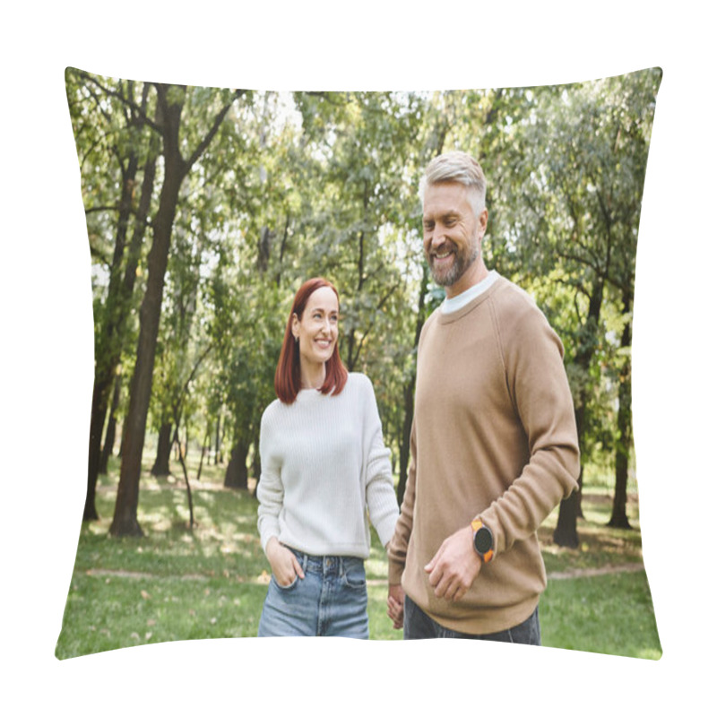 Personality  An Adult Loving Couple In Casual Attire Leisurely Walking Through A Park. Pillow Covers