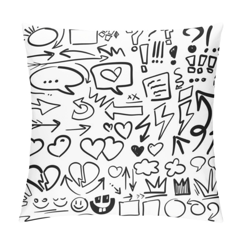 Personality  Hand-drawn Black And White Doodle Icons With Arrows, Hearts, Speech Bubbles, Question Marks Abstract Symbols For Digital Stickers, Graphic Design, Presentations, Web Icons Isolated On White Background Pillow Covers