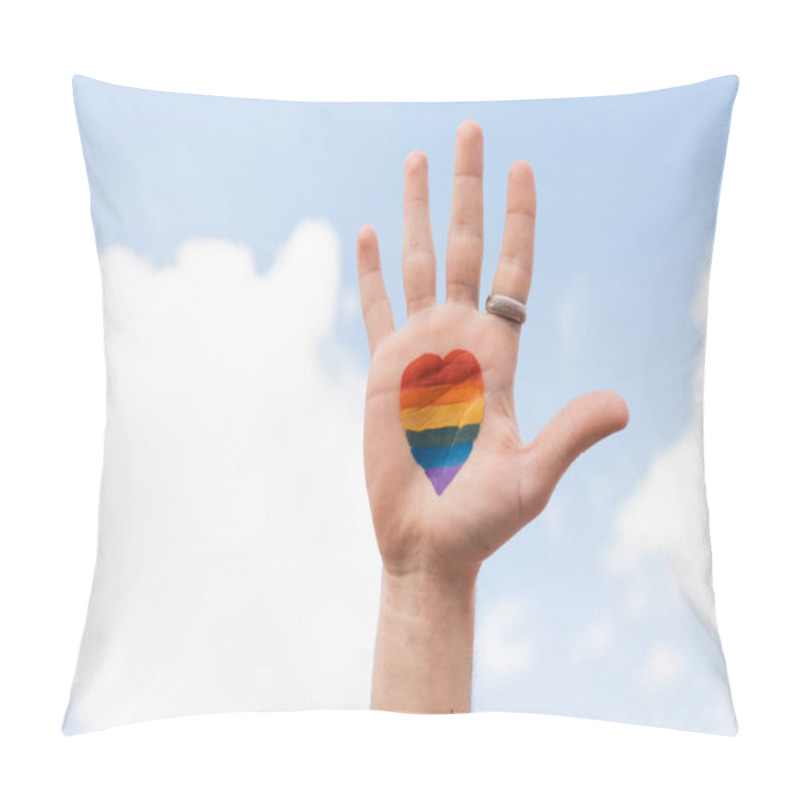 Personality  Cropped View Of Gay Man With Lgbt Flag From Heart Sign And Sky At Background, International Day Against Homophobia Pillow Covers