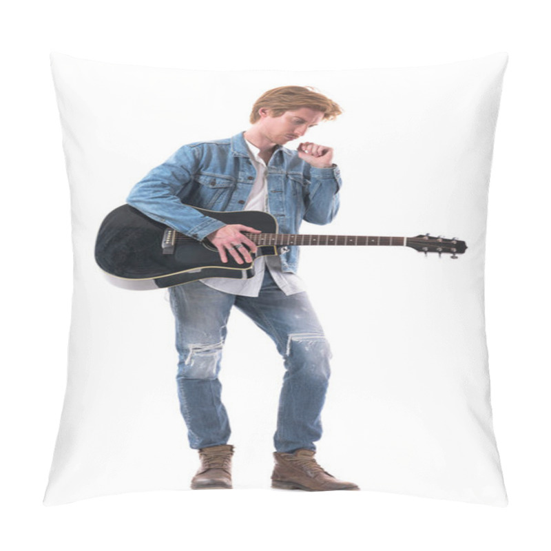 Personality  Sad Thoughtful Young Man Guitarist Holding Acoustic Guitar Looking Down Concentrating. Full Body Isolated On White Background. Pillow Covers