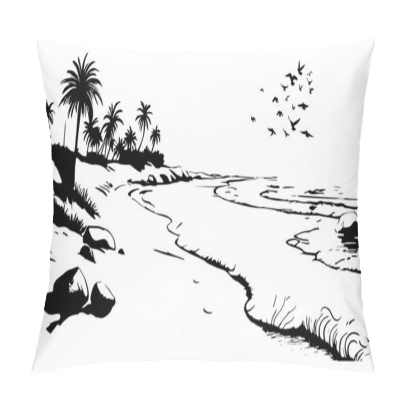 Personality  Sandy Beach With Palm Trees And Rocks With Flying Birds In Sky Abstract Drawing Black And White Outline Ink Drawing Nature Sea View Scene  Pillow Covers