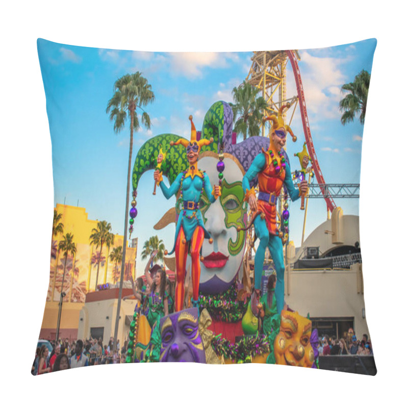 Personality  Orlando, Florida. March 02, 2020. Harlequin Float In Mardi Gras Parade At Universal Studios (103) Pillow Covers