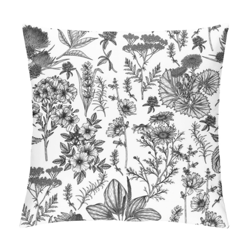 Personality   Seamless Vector Pattern Of Medical Plants And Herbs In Engraving Style. Linear Chamomile, Chicory, Clover, Lavender, Plantain, Valerian, Echinacea, Rosehip, Coltsfoot, Ginkgo, Nettle, St. John's Wort Pillow Covers