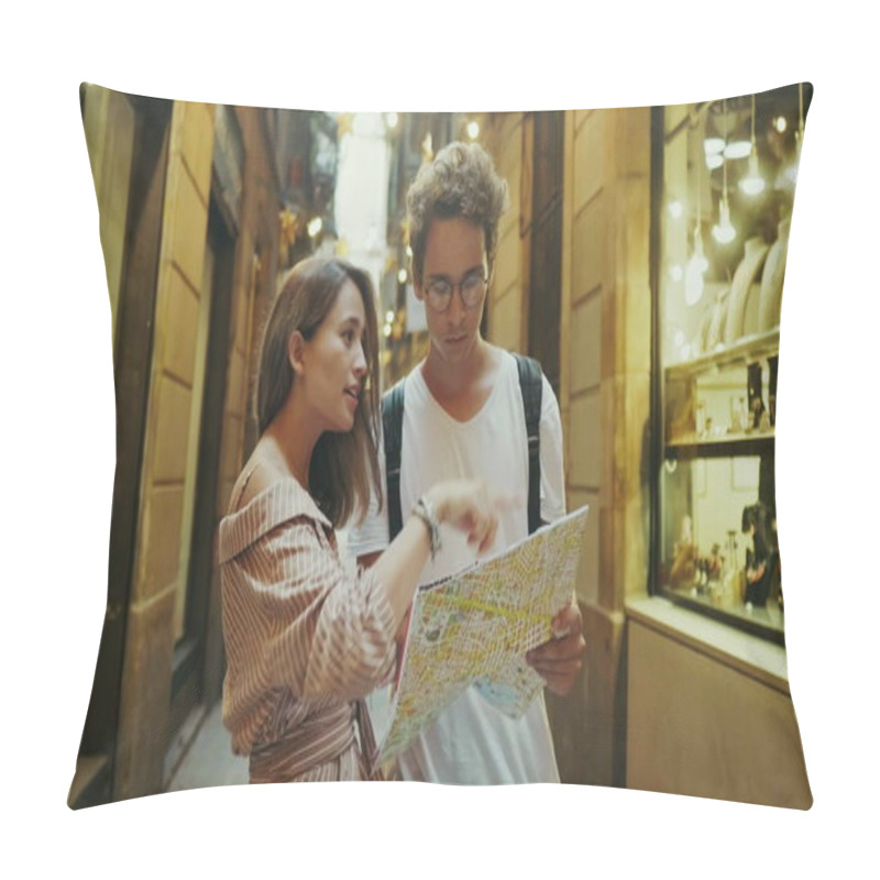 Personality  Closeup Couple Talking About Correct Way Outdoor. Pretty Girl Showing Right Road Pillow Covers