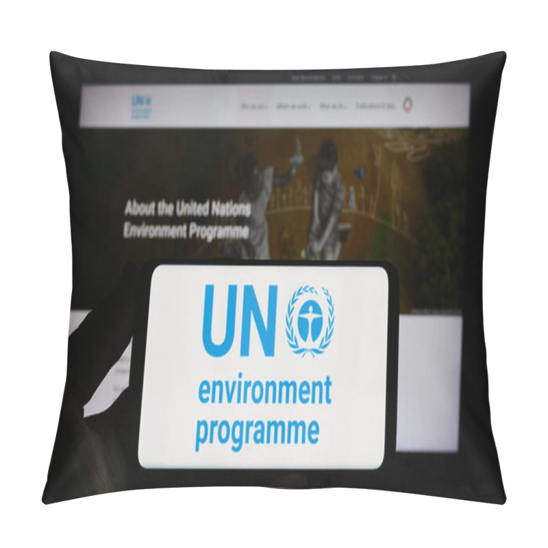 Personality  Stuttgart, Germany - 07-27-2023: Person Holding Smartphone With Logo Of United Nations Environment Programme (UNEP) On Screen In Front Of Website. Focus On Phone Display. Pillow Covers