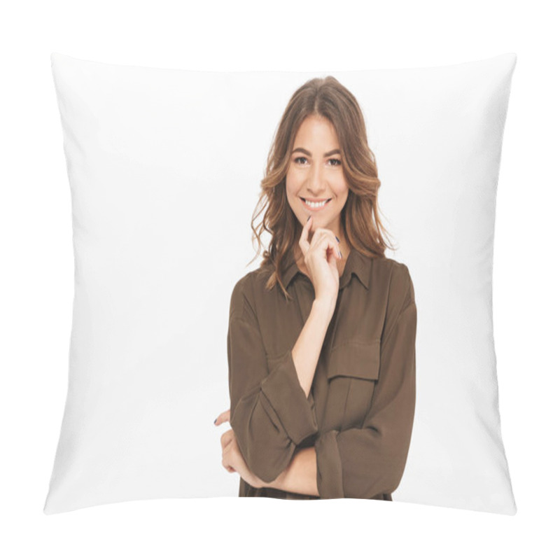 Personality  Portrait Of A Smiling Young Woman Looking At Camera Isolated Over White Background Pillow Covers