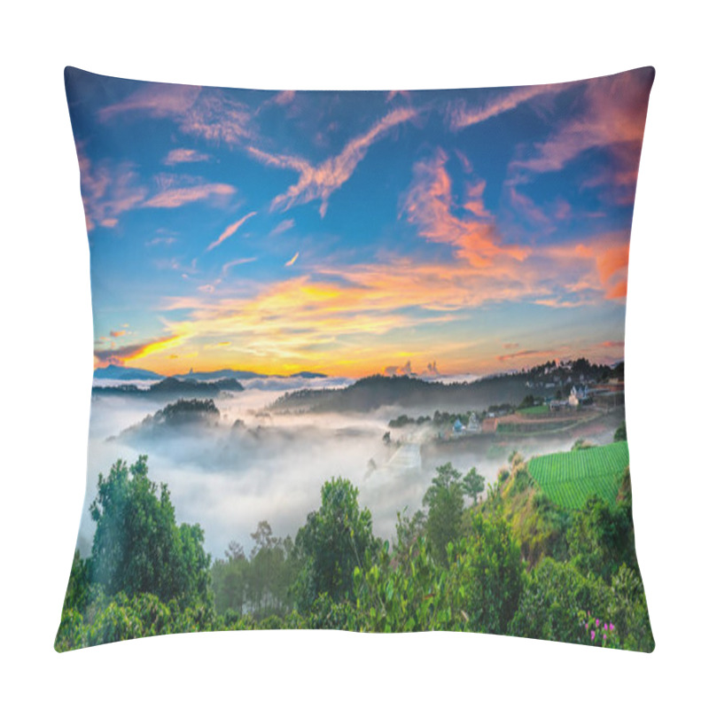 Personality  Sunrise Over Hillside As The Sun Rising From Horizon Reflect Light Bright Yellow Sky. Below Cloudy Mist Covered Valleys Flooded Pine Forests Create Impressive Beauty Highlands In Morning. Pillow Covers