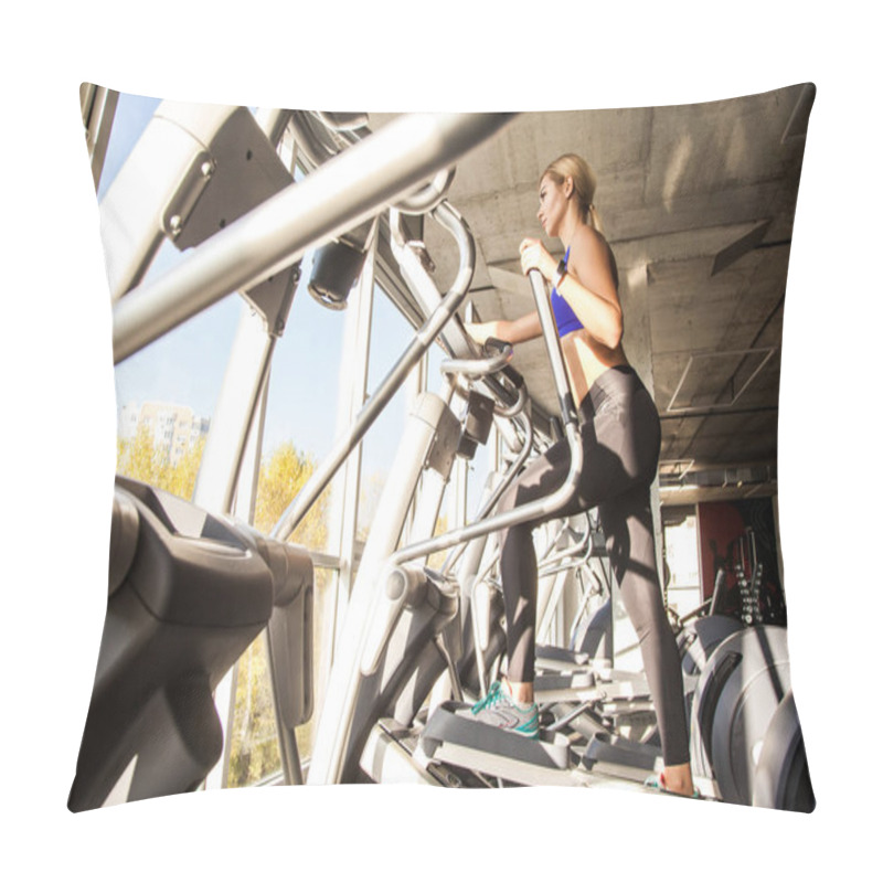 Personality  Bottom View Of Blonde Woman Training On Elliptical Trainer In Fitness Club   Pillow Covers